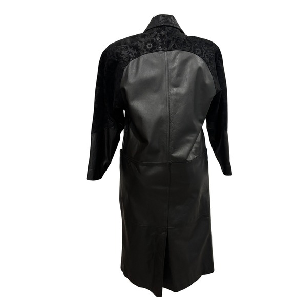 Vintage Leather Suede Coat Women's Duster Jacket Long Black Floral Pattern - Picture 2 of 14